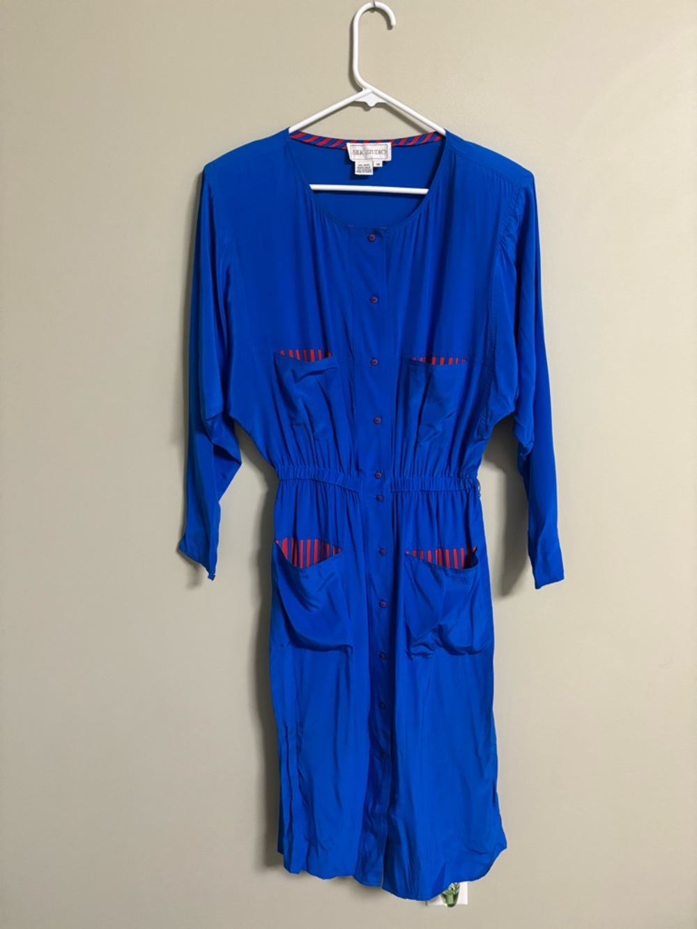 Silk Studio Vintage 80s Shirt Dress Size 14 Blue Red Stripe Accents Cinched